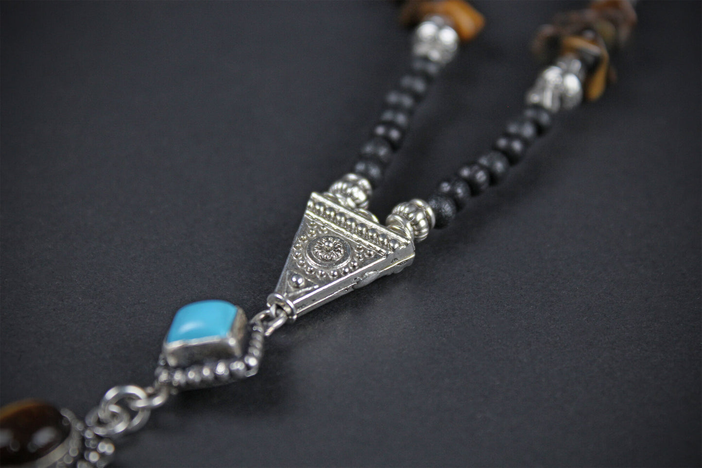 The Santa Fe Beaded Drop Necklace - Tribal Country & Western Style Long Necklace, Gemstone Silver Unisex Necklace For Men And Women