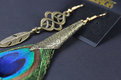 Bronze Detailed Peacock feather earrings