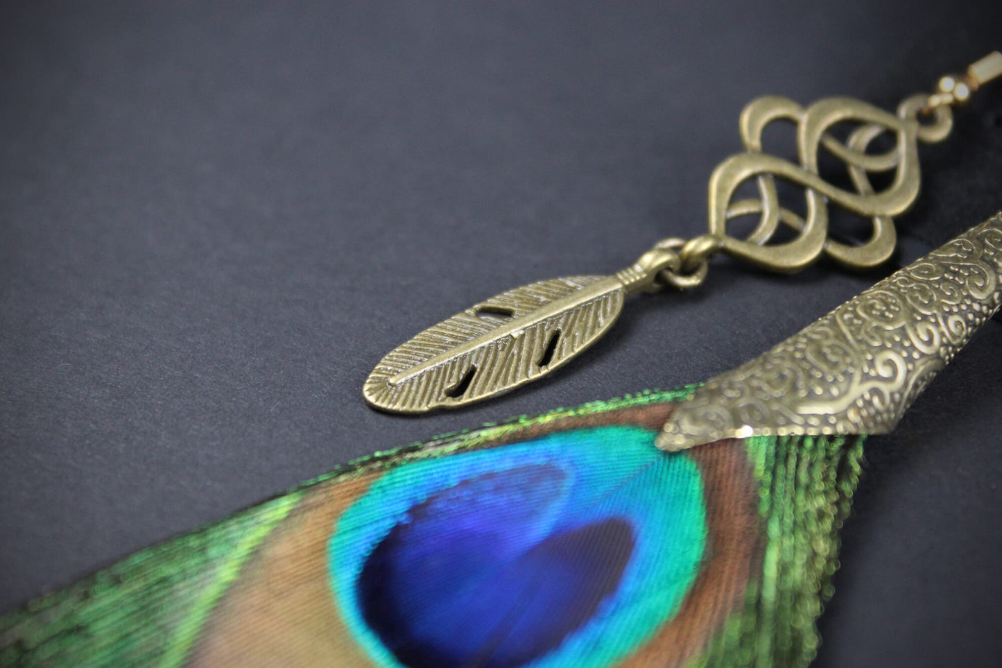 Bronze Detailed Peacock feather earrings