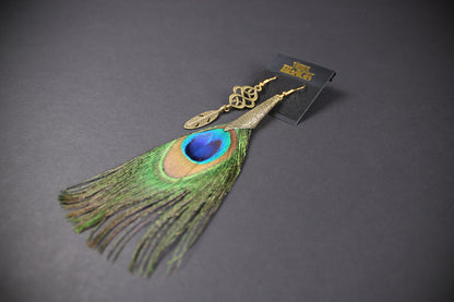 Bronze Detailed Peacock feather earrings