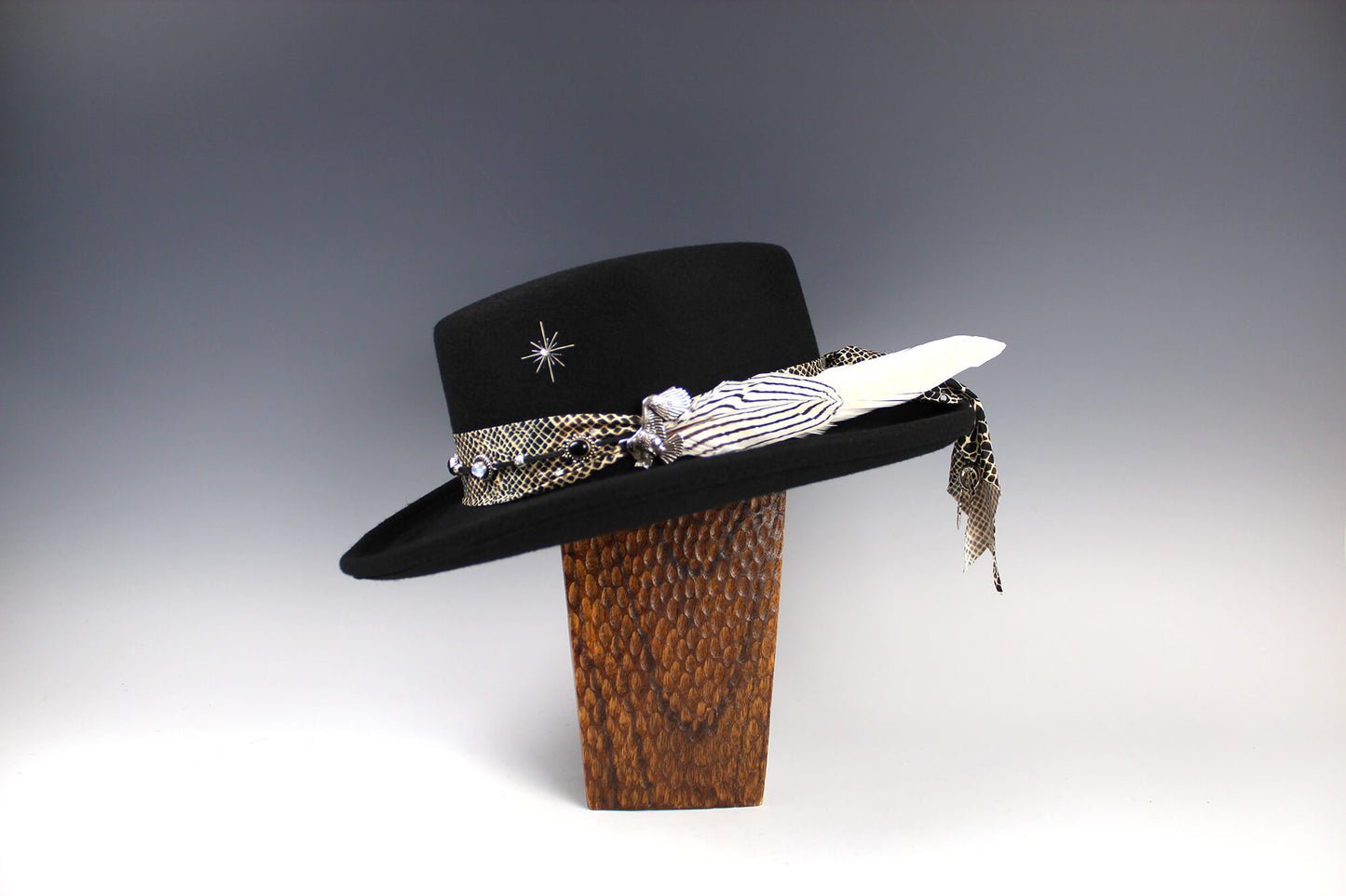 The Appaloosa Gambler. Wool felt western cowboy style gambler fedora, detailed with a snake print fabric band, white feathers, eagle concho and moonstone and onyx. cowgirl hat, cowboy hat