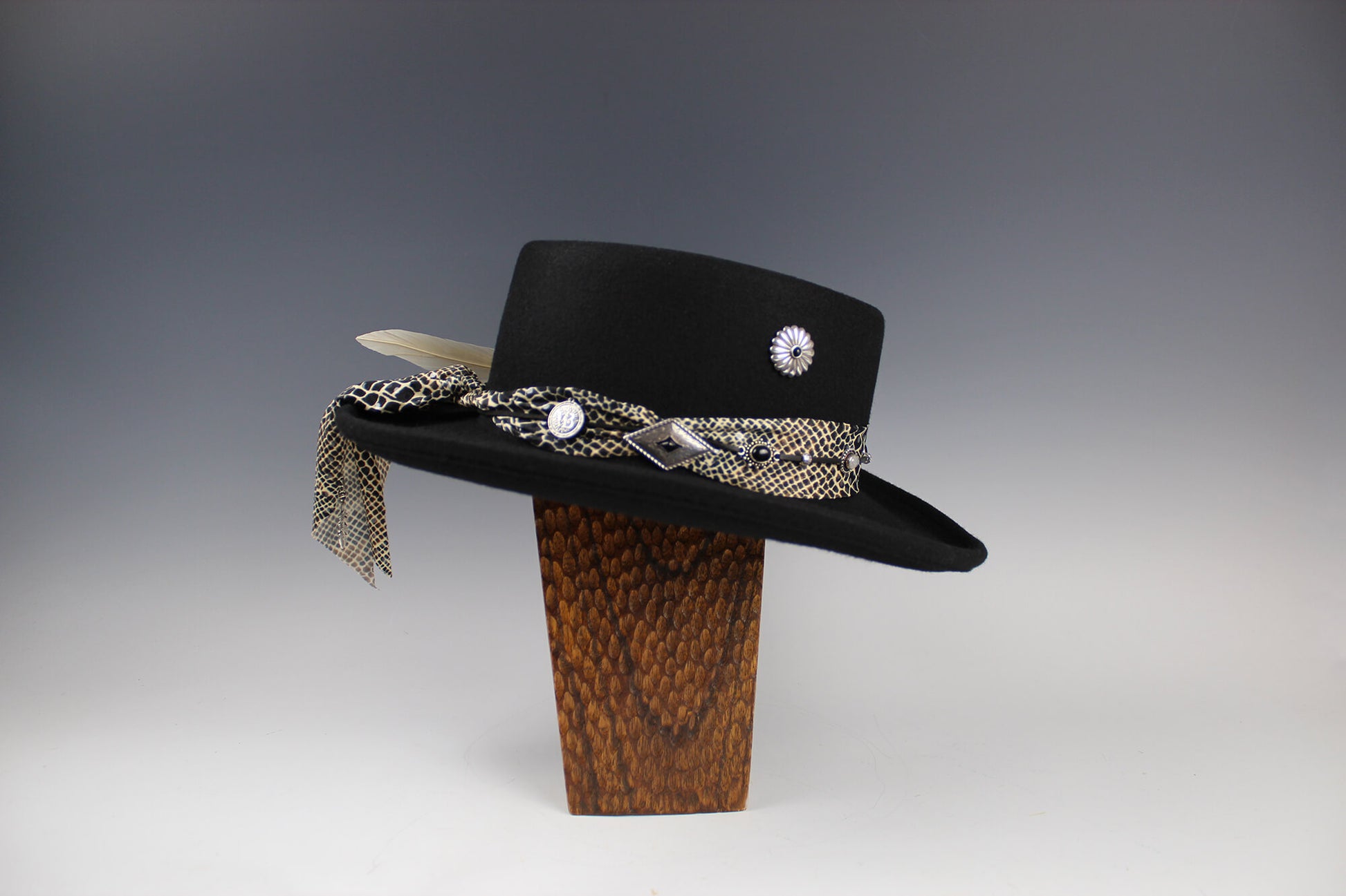 The Appaloosa Gambler. Wool felt western cowboy style gambler fedora, detailed with a snake print fabric band, white feathers, eagle concho and moonstone and onyx. cowgirl hat, cowboy hat