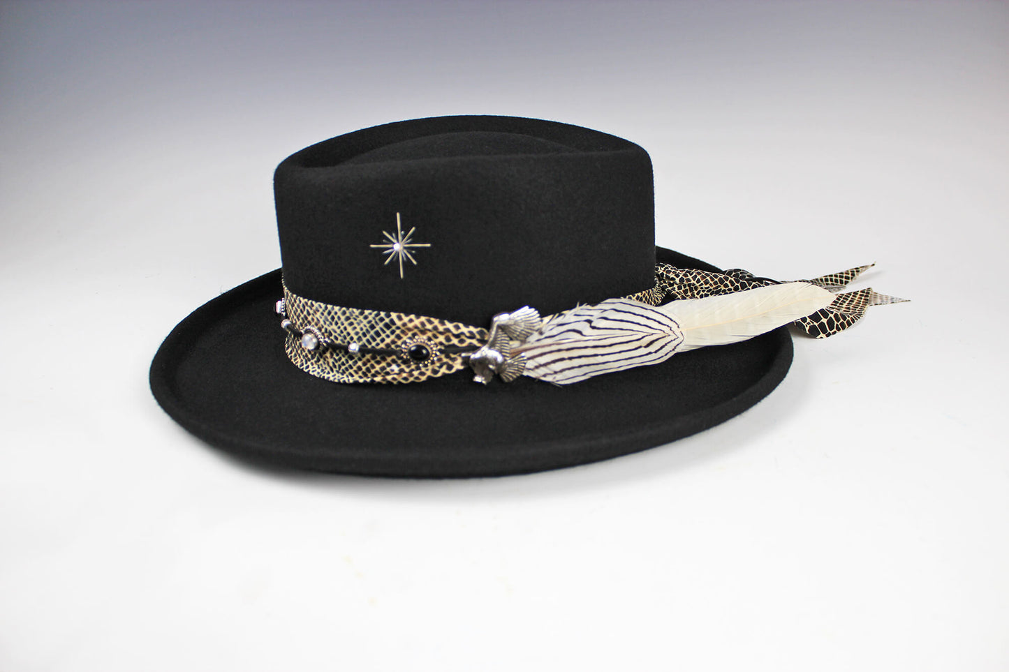 The Appaloosa Gambler. Wool felt western cowboy style gambler fedora, detailed with a snake print fabric band, white feathers, eagle concho and moonstone and onyx. cowgirl hat, cowboy hat