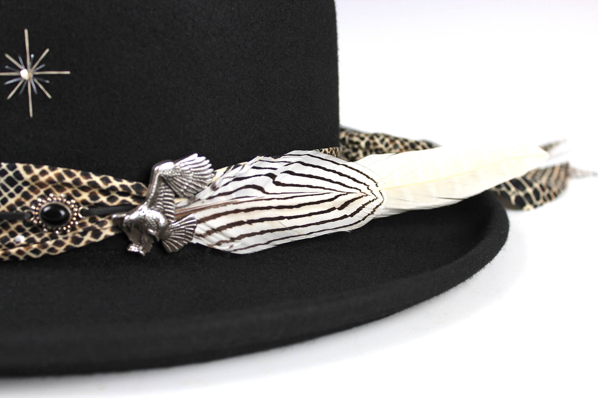 The Appaloosa Gambler. Wool felt western cowboy style gambler fedora, detailed with a snake print fabric band, white feathers, eagle concho and moonstone and onyx. cowgirl hat, cowboy hat