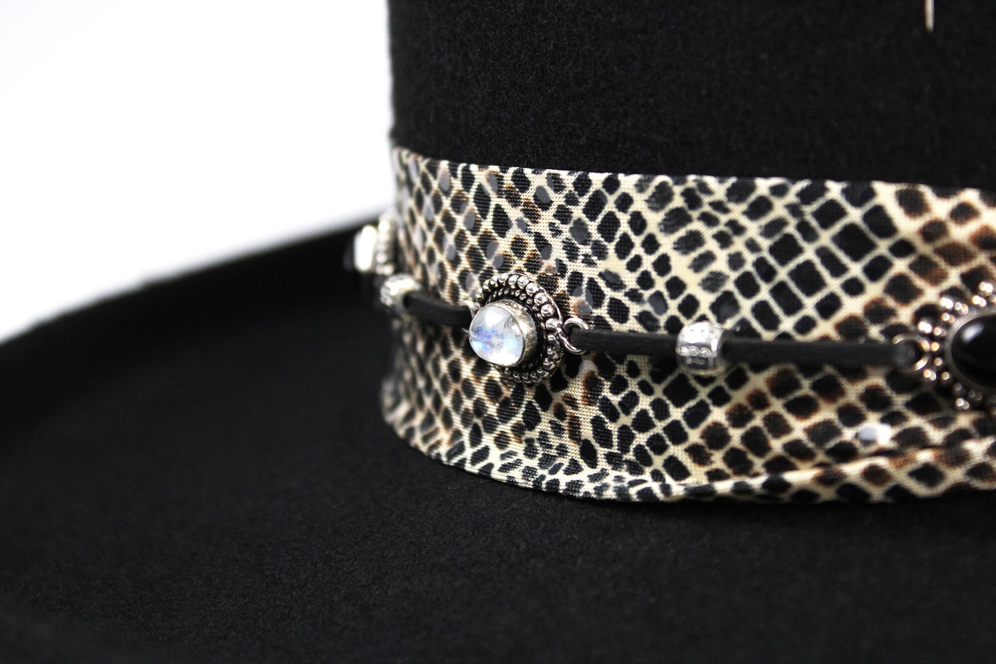 The Appaloosa Gambler. Wool felt western cowboy style gambler fedora, detailed with a snake print fabric band, white feathers, eagle concho and moonstone and onyx. cowgirl hat, cowboy hat