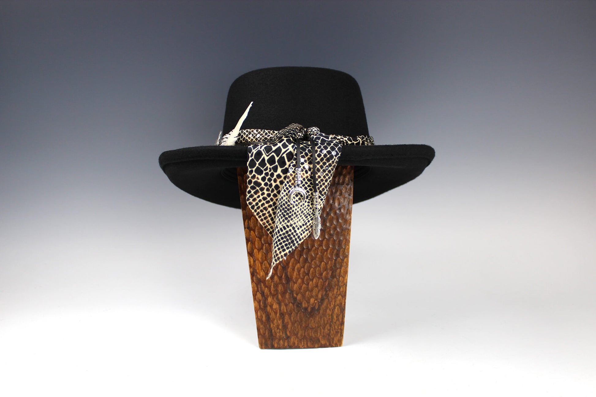 The Appaloosa Gambler. Wool felt western cowboy style gambler fedora, detailed with a snake print fabric band, white feathers, eagle concho and moonstone and onyx. cowgirl hat, cowboy hat