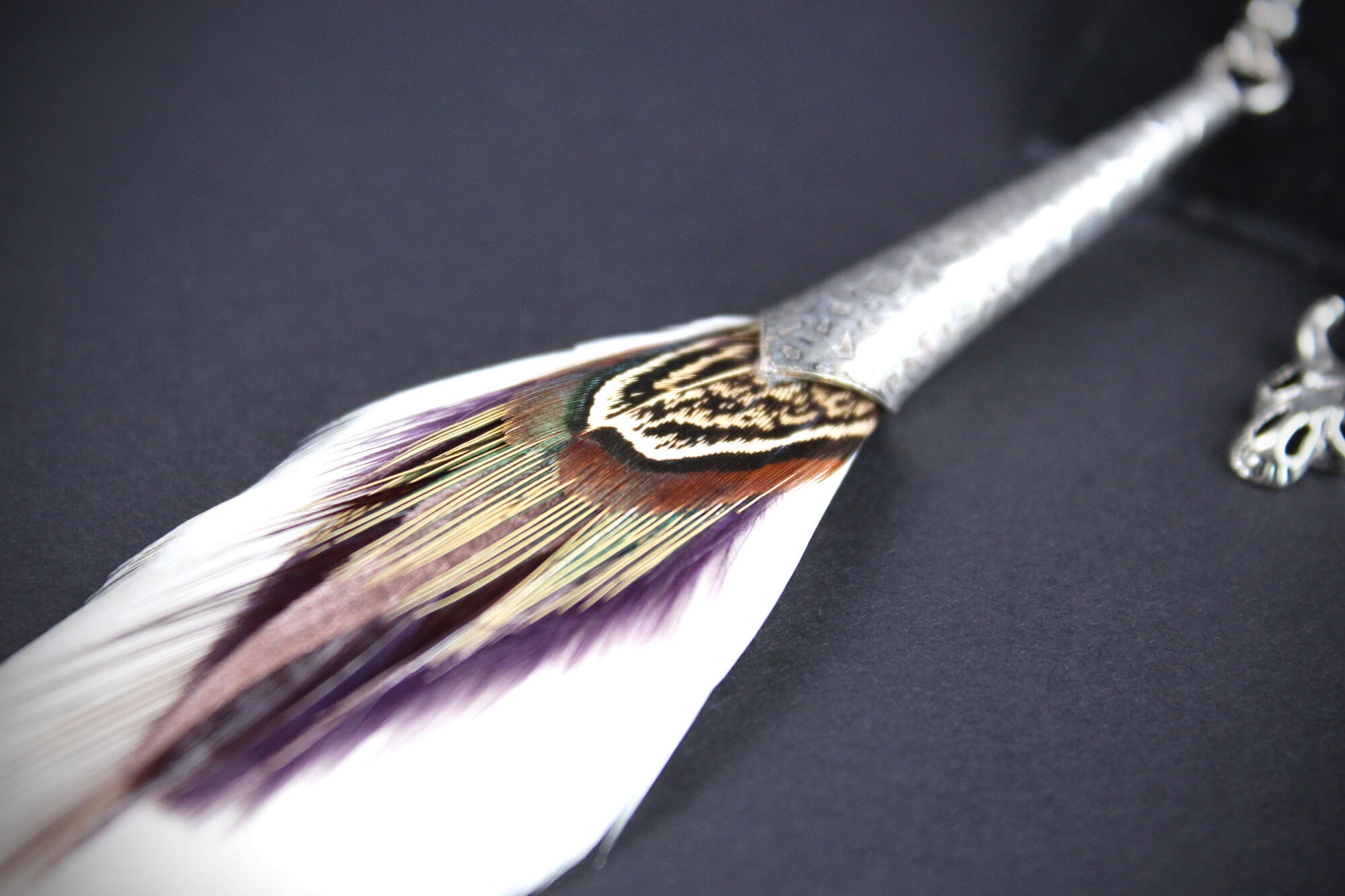 The Harlequin Earring Set - White and purple natural feather earrings with amethyst stone, asymmetrical pair of boho rock n roll earrings