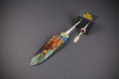 The Hendrix Feather Earring Set, dark feather earrings, yellow, red garnet stone, boho style earrings, elegant earrings hippie style earrings