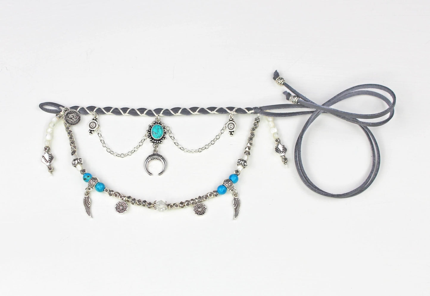 Bohemian Turquoise & Howlite Grey with Silver Anklet, Armband Choker