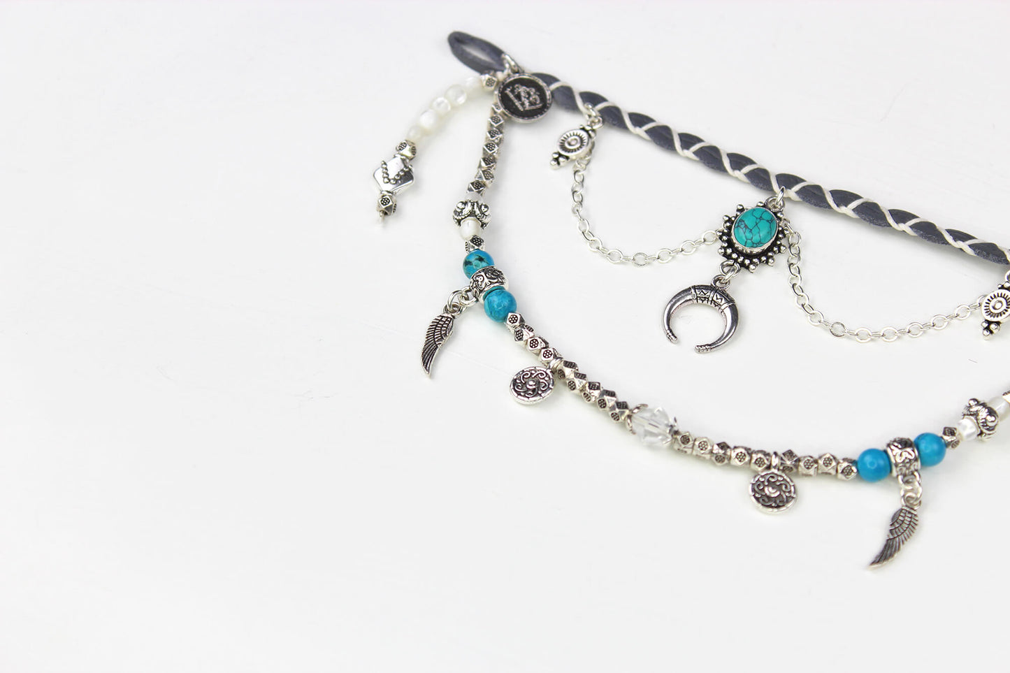 Bohemian Turquoise & Howlite Grey with Silver Anklet, Armband Choker