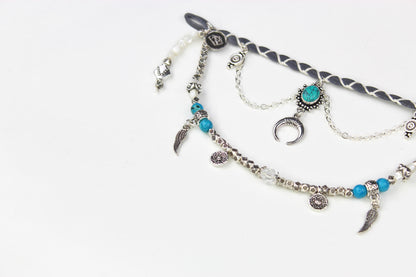 Bohemian Turquoise & Howlite Grey with Silver Anklet, Armband Choker