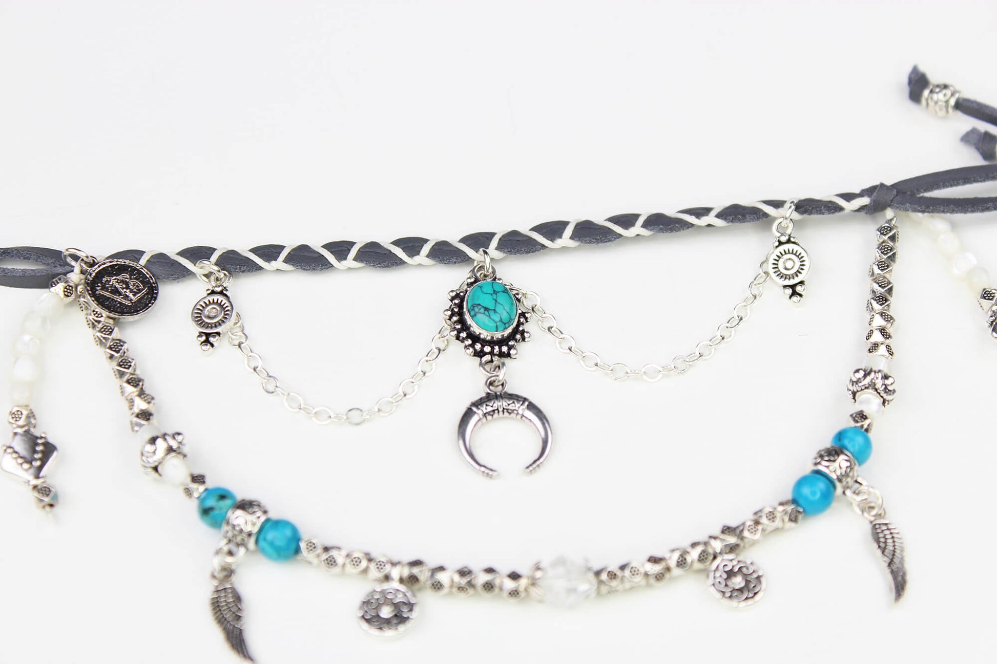 Bohemian Turquoise & Howlite Grey with Silver Anklet, Armband Choker