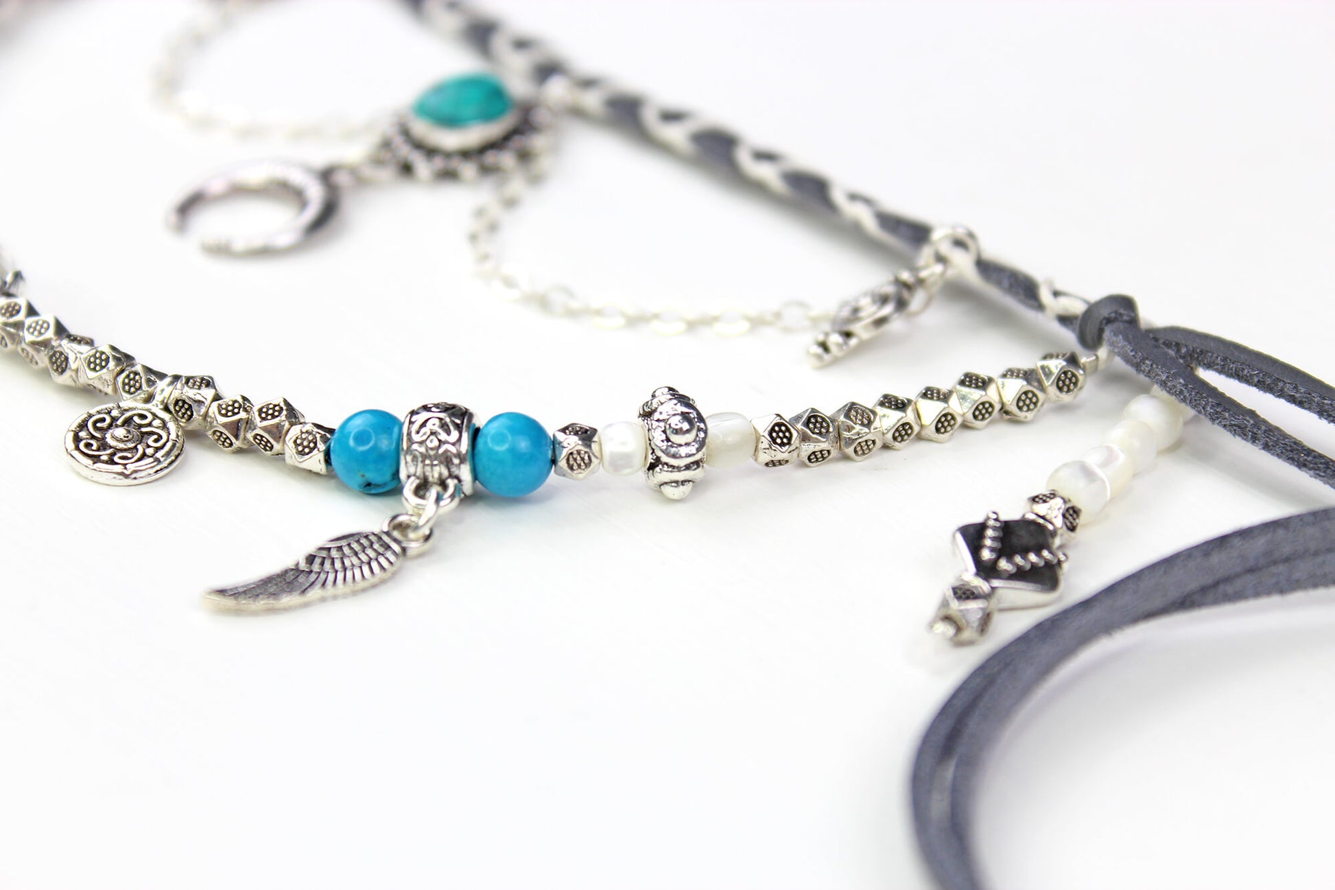 Bohemian Turquoise & Howlite Grey with Silver Anklet, Armband Choker