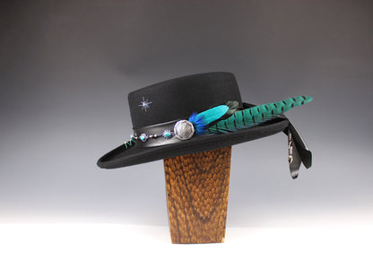 The Turquoise Phoenix Gambler Hat Western Style Hat Bohemian Country Turquoise Detailing Gemstones And Feathers Unisex For Men And Women