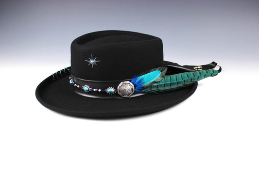 The Turquoise Phoenix Gambler Hat Western Style Hat Bohemian Country Turquoise Detailing Gemstones And Feathers Unisex For Men And Women