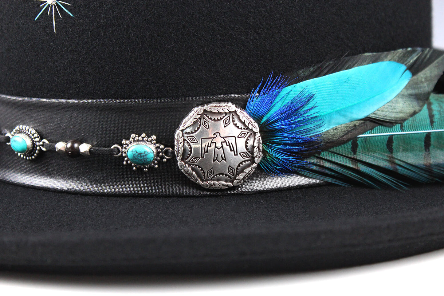 The Turquoise Phoenix Gambler Hat Western Style Hat Bohemian Country Turquoise Detailing Gemstones And Feathers Unisex For Men And Women