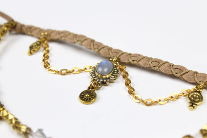 Bohemian Moonstone & Troca Shell with Gold Anklet, Armband Choker - 3 in 1 Elegant Hippie Festival Style Necklace