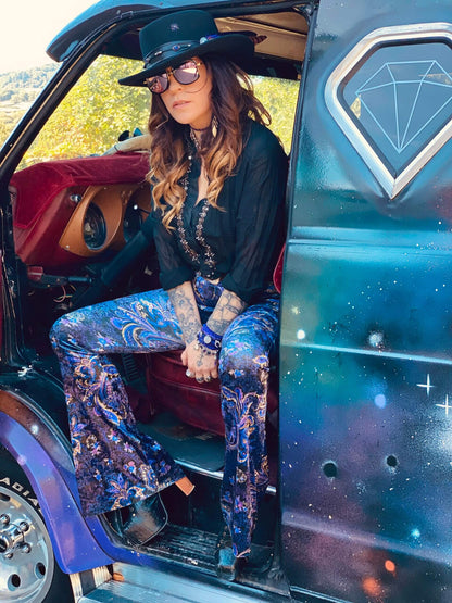 Deep Purple Paisley High Waisted Stretch Velvet Bell Bottoms