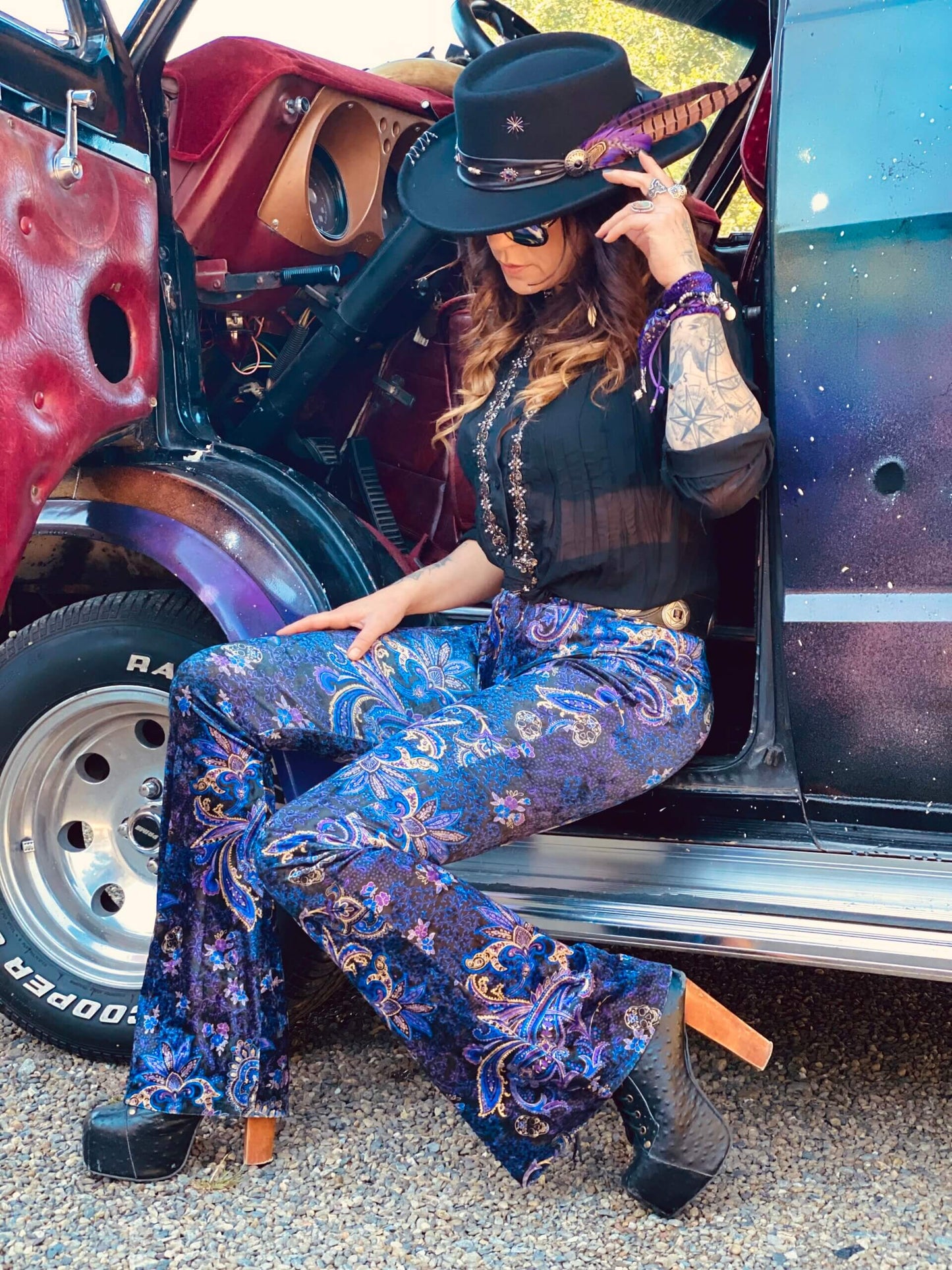 Deep Purple Paisley High Waisted Stretch Velvet Bell Bottoms