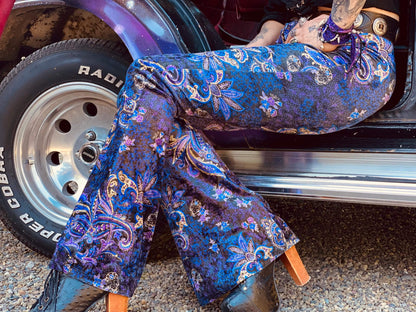 Deep Purple Paisley High Waisted Stretch Velvet Bell Bottoms