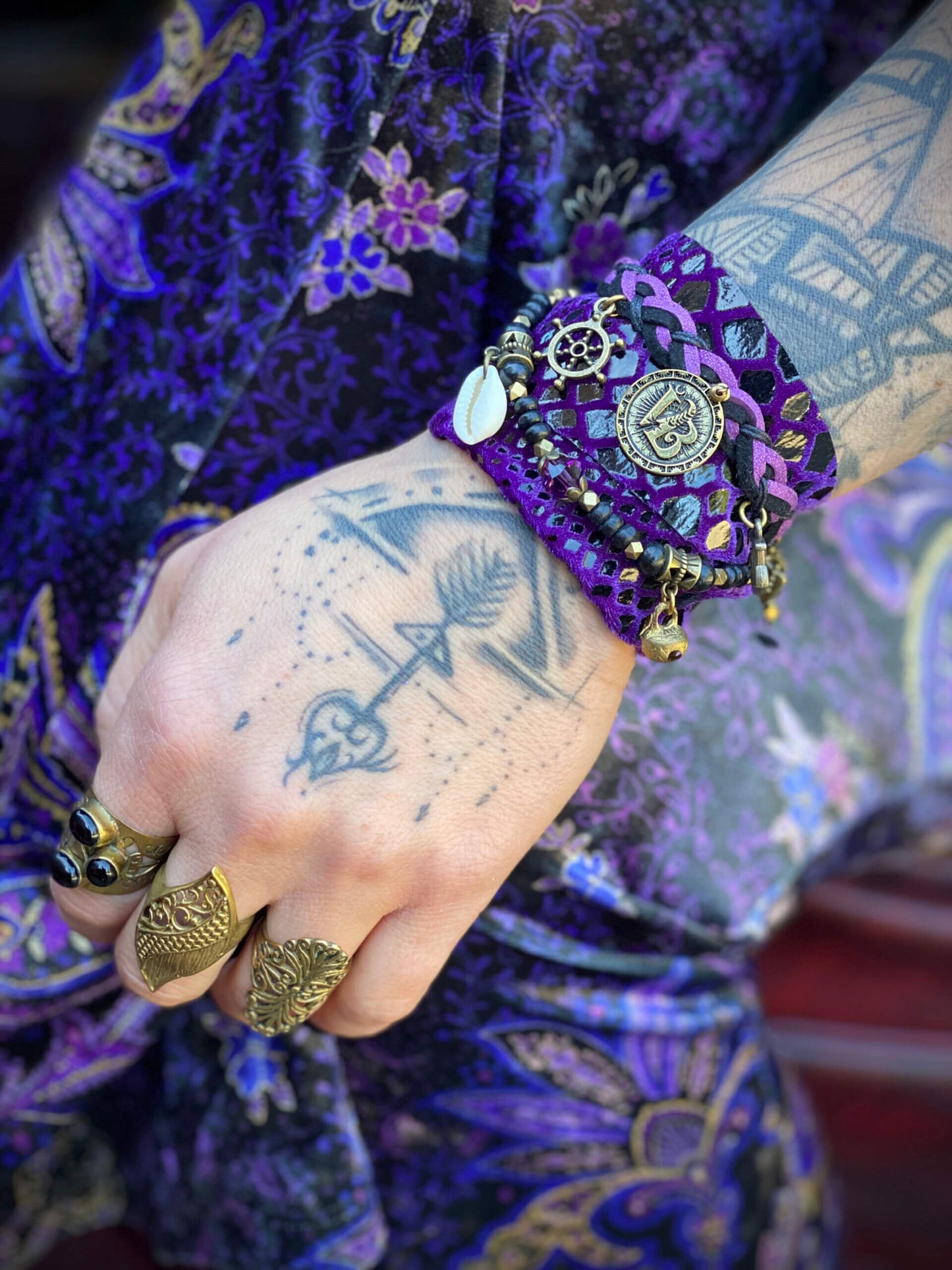 The Medusa Cuff Bracelet Set - Purple Pirate Layered Gypsy Fabric Wrist Wrap Unisex Bracelet Set For Men And Women Rock n Roll Style