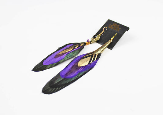 The Elixir Feather Earrings - Black with Purple and Gold Natural Amethyst Feather Earrings Elegant Bohemian Hippie Rock & Roll Style