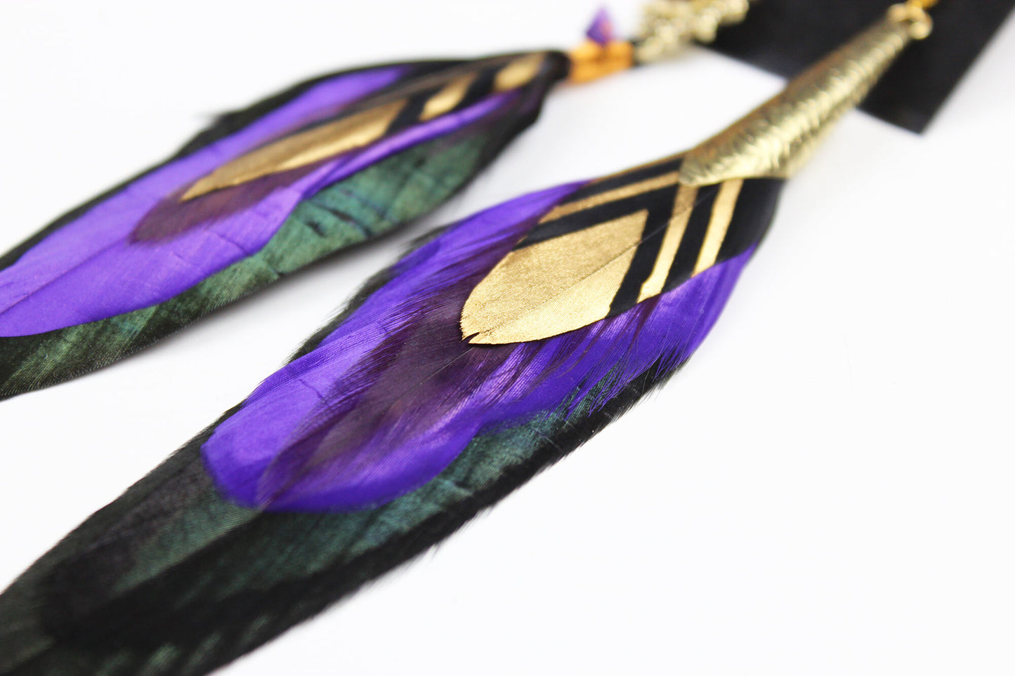 The Elixir Feather Earrings - Black with Purple and Gold Natural Amethyst Feather Earrings Elegant Bohemian Hippie Rock & Roll Style