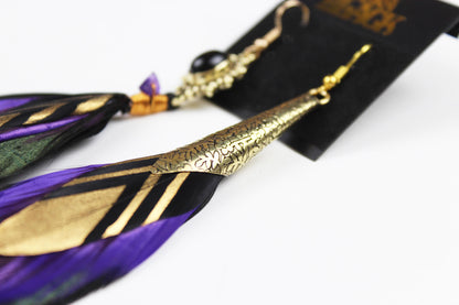 The Elixir Feather Earrings - Black with Purple and Gold Natural Amethyst Feather Earrings Elegant Bohemian Hippie Rock & Roll Style