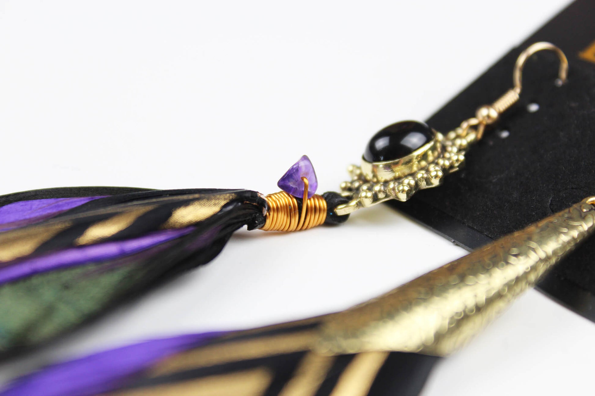 The Elixir Feather Earrings - Black with Purple and Gold Natural Amethyst Feather Earrings Elegant Bohemian Hippie Rock & Roll Style