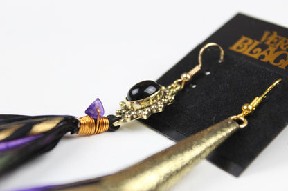 The Elixir Feather Earrings - Black with Purple and Gold Natural Amethyst Feather Earrings Elegant Bohemian Hippie Rock & Roll Style