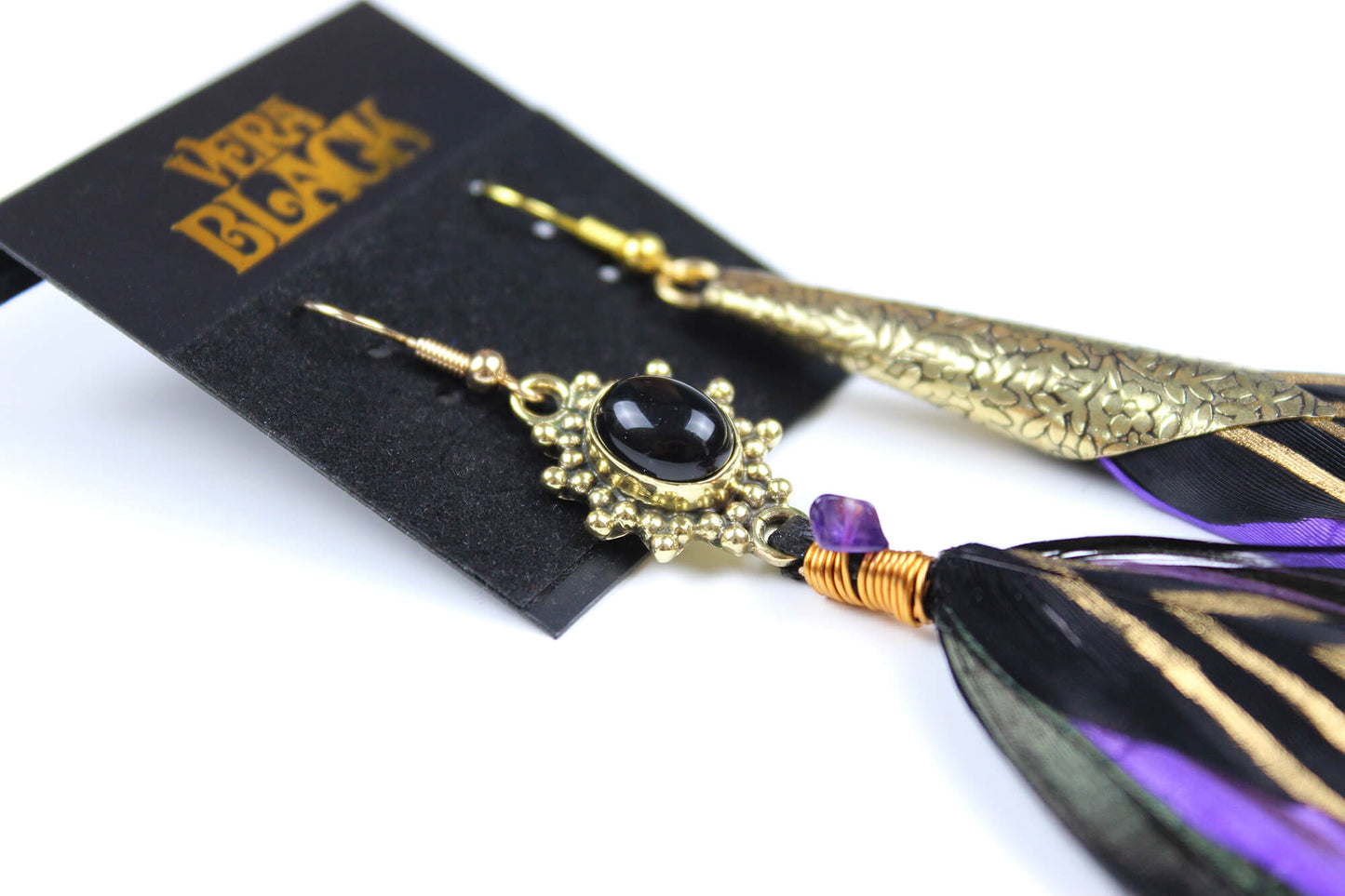 The Elixir Feather Earrings - Black with Purple and Gold Natural Amethyst Feather Earrings Elegant Bohemian Hippie Rock & Roll Style