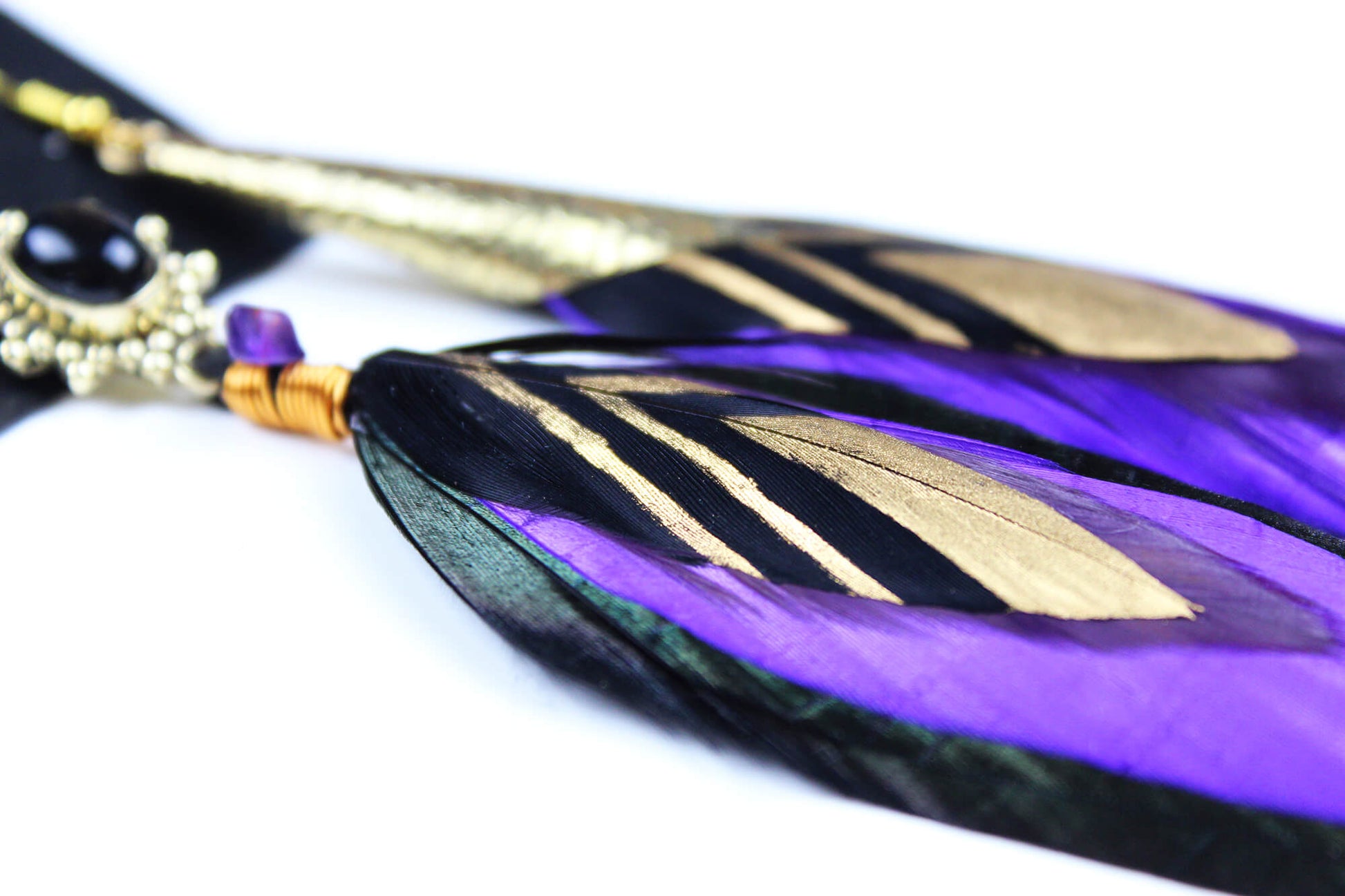 The Elixir Feather Earrings - Black with Purple and Gold Natural Amethyst Feather Earrings Elegant Bohemian Hippie Rock & Roll Style