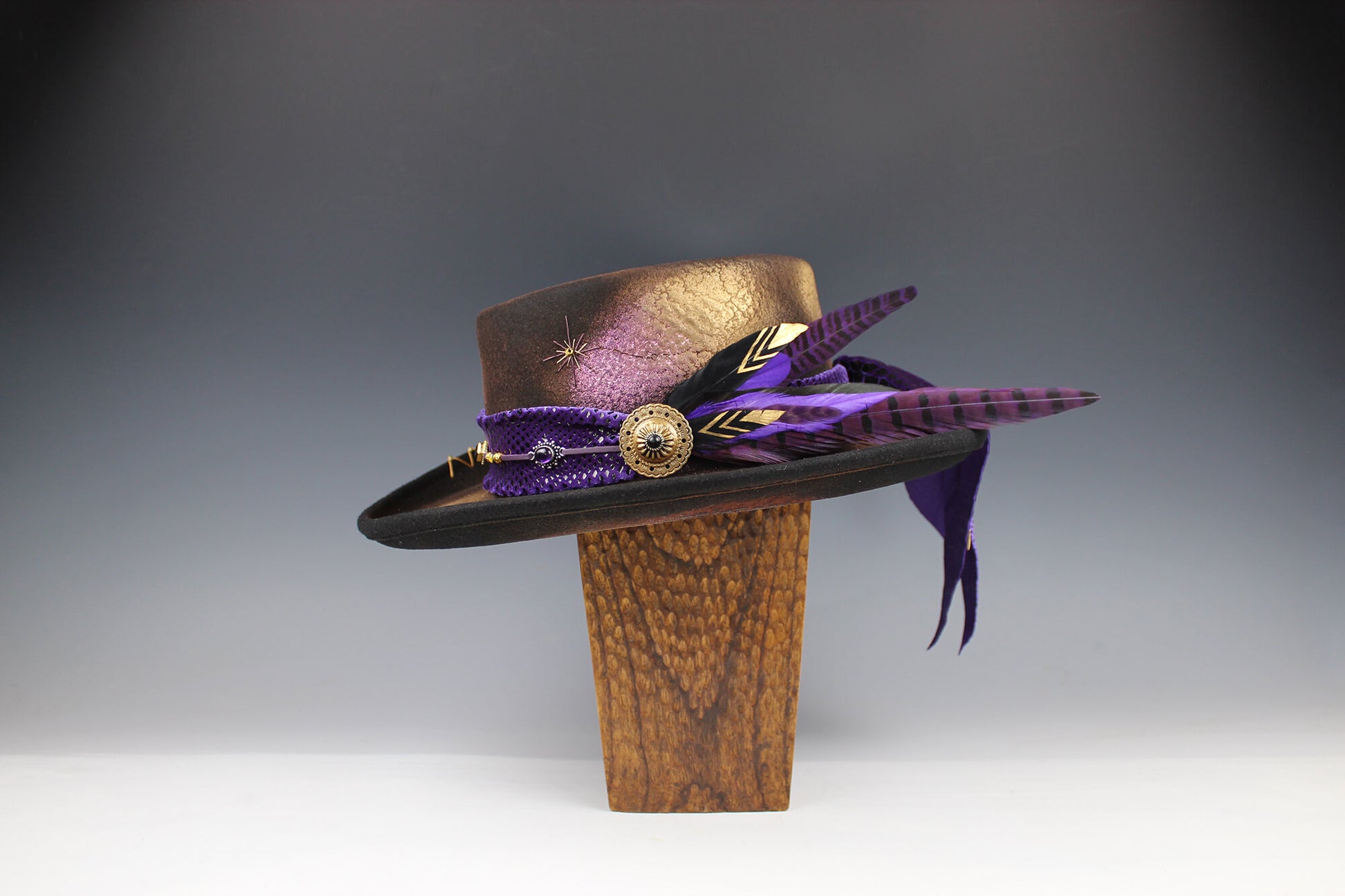 The Purple Haze Gambler - Wool Felt Fedora Hat Black Handmade Country Western Style Cowboy Hat Purple Detailing Jimi Hendrix Stevie Nicks