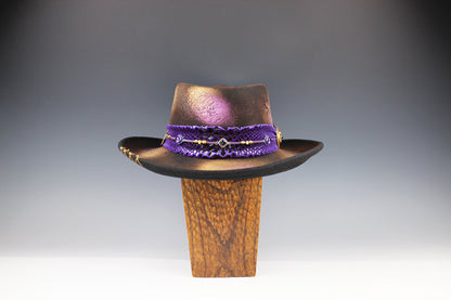 The Purple Haze Gambler - Wool Felt Fedora Hat Black Handmade Country Western Style Cowboy Hat Purple Detailing Jimi Hendrix Stevie Nicks