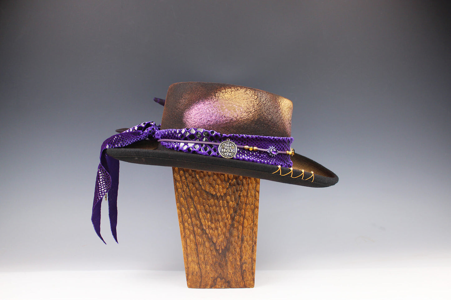 The Purple Haze Gambler - Wool Felt Fedora Hat Black Handmade Country Western Style Cowboy Hat Purple Detailing Jimi Hendrix Stevie Nicks