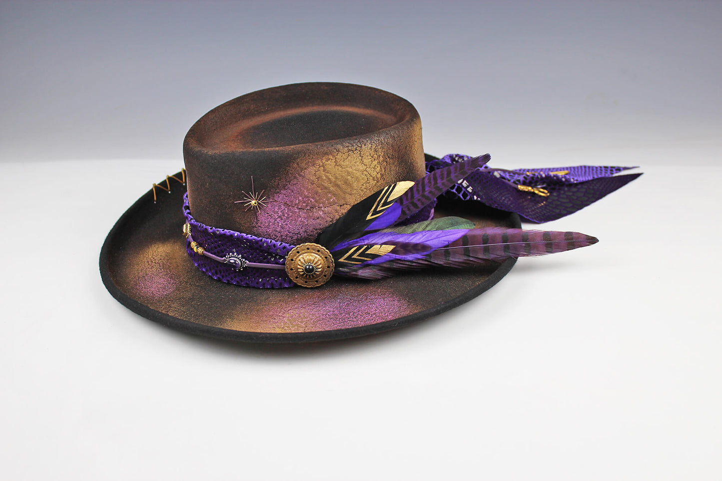 The Purple Haze Gambler - Wool Felt Fedora Hat Black Handmade Country Western Style Cowboy Hat Purple Detailing Jimi Hendrix Stevie Nicks