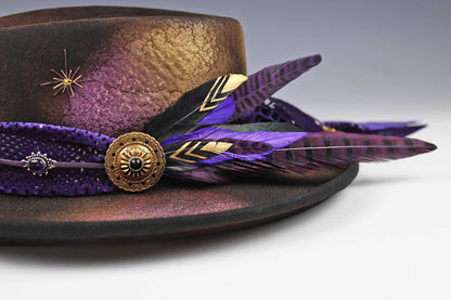 The Purple Haze Gambler - Wool Felt Fedora Hat Black Handmade Country Western Style Cowboy Hat Purple Detailing Jimi Hendrix Stevie Nicks