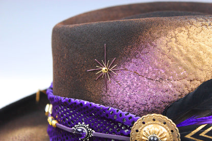 The Purple Haze Gambler - Wool Felt Fedora Hat Black Handmade Country Western Style Cowboy Hat Purple Detailing Jimi Hendrix Stevie Nicks