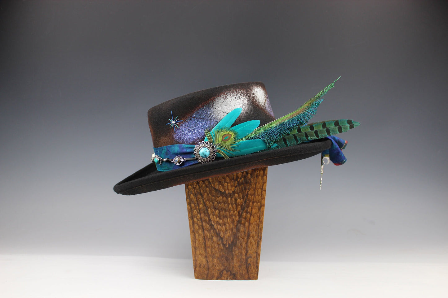 The Dreamweaver Gambler Hat - Western Style Hat Bohemian Country Turquoise Detailing Gemstones And Feathers Unisex For Men And Women