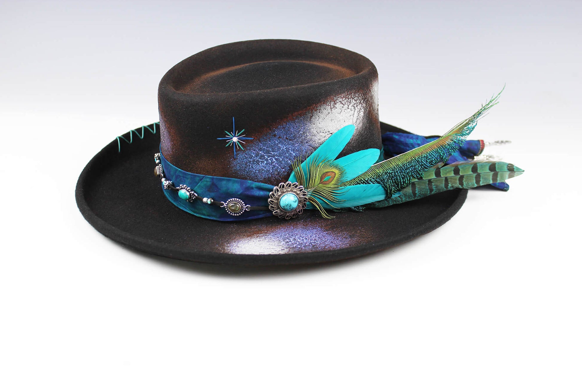 The Dreamweaver Gambler Hat - Western Style Hat Bohemian Country Turquoise Detailing Gemstones And Feathers Unisex For Men And Women