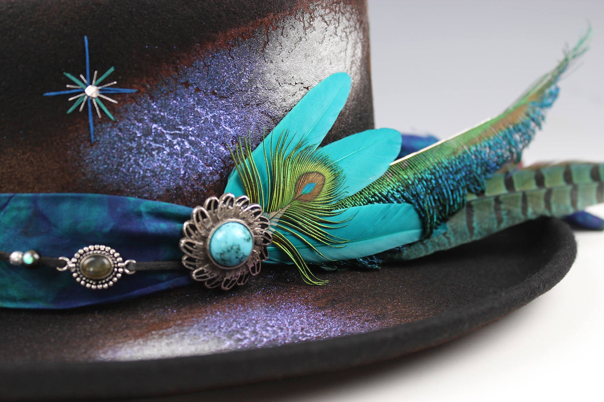 The Dreamweaver Gambler Hat - Western Style Hat Bohemian Country Turquoise Detailing Gemstones And Feathers Unisex For Men And Women