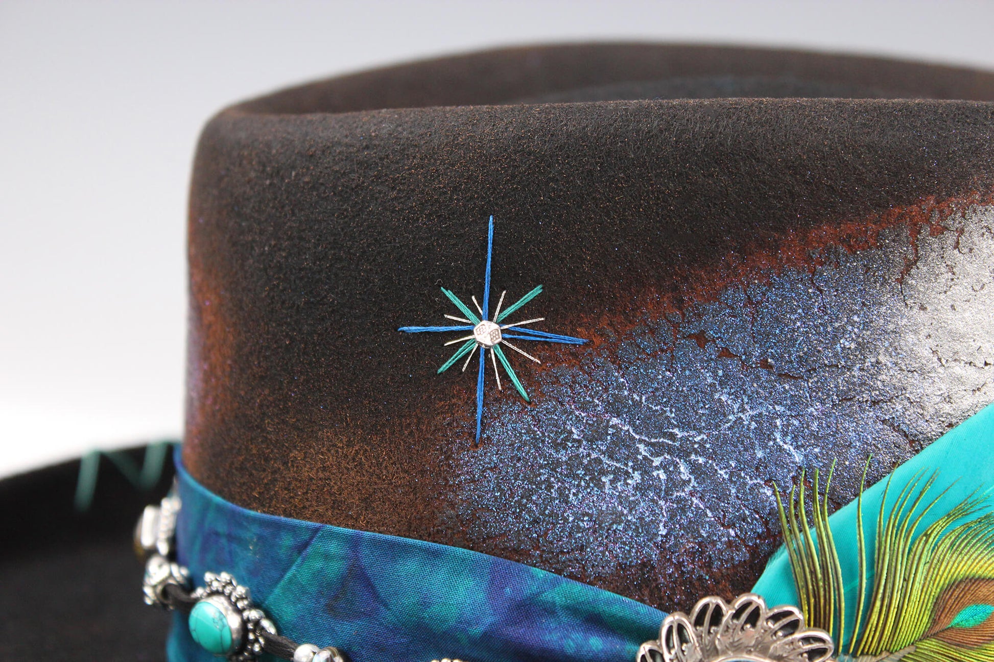 The Dreamweaver Gambler Hat - Western Style Hat Bohemian Country Turquoise Detailing Gemstones And Feathers Unisex For Men And Women