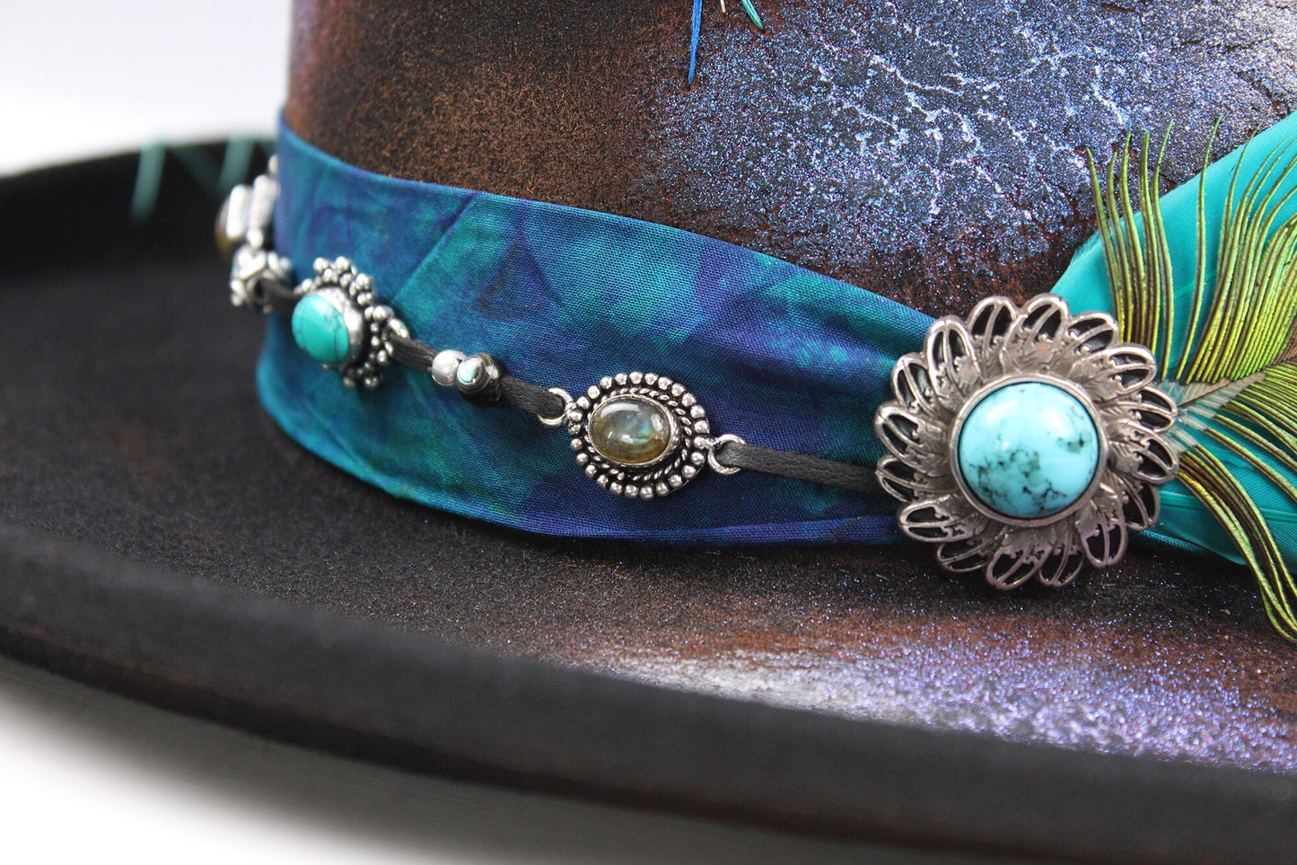 The Dreamweaver Gambler Hat - Western Style Hat Bohemian Country Turquoise Detailing Gemstones And Feathers Unisex For Men And Women