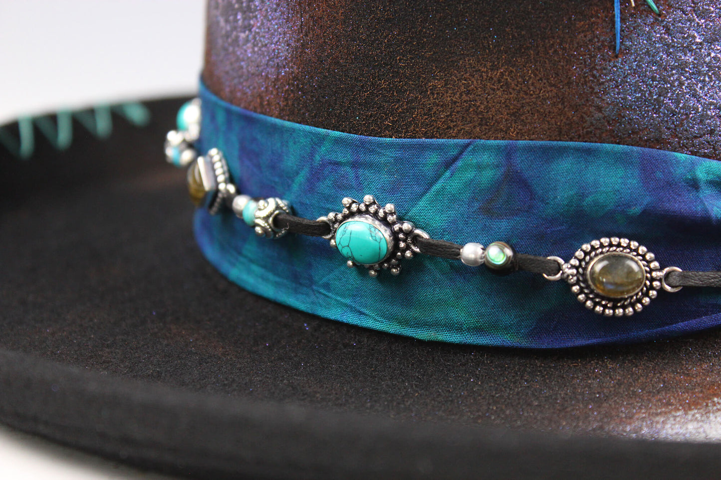 The Dreamweaver Gambler Hat - Western Style Hat Bohemian Country Turquoise Detailing Gemstones And Feathers Unisex For Men And Women