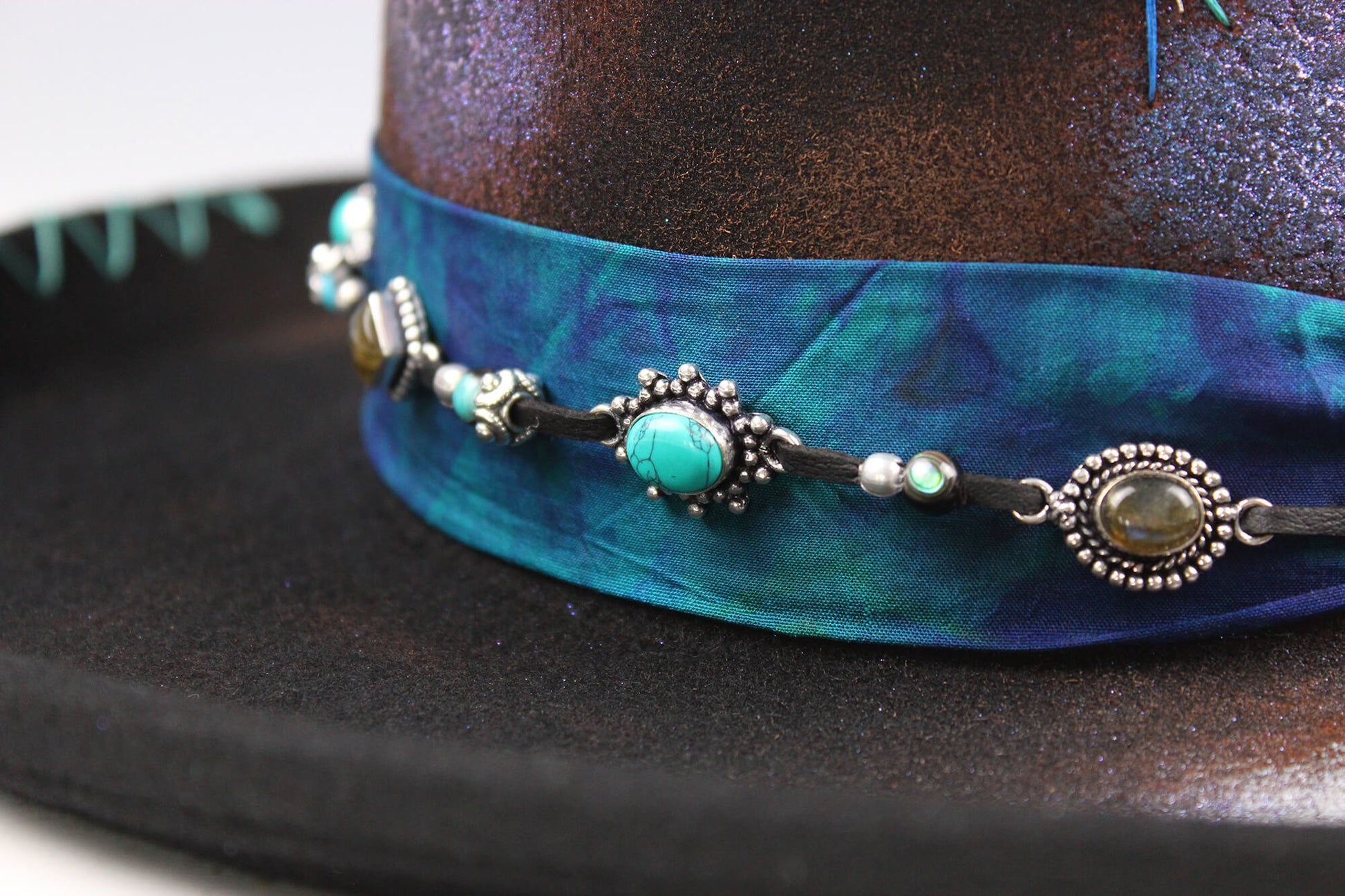 The Dreamweaver Gambler Hat - Western Style Hat Bohemian Country Turquoise Detailing Gemstones And Feathers Unisex For Men And Women