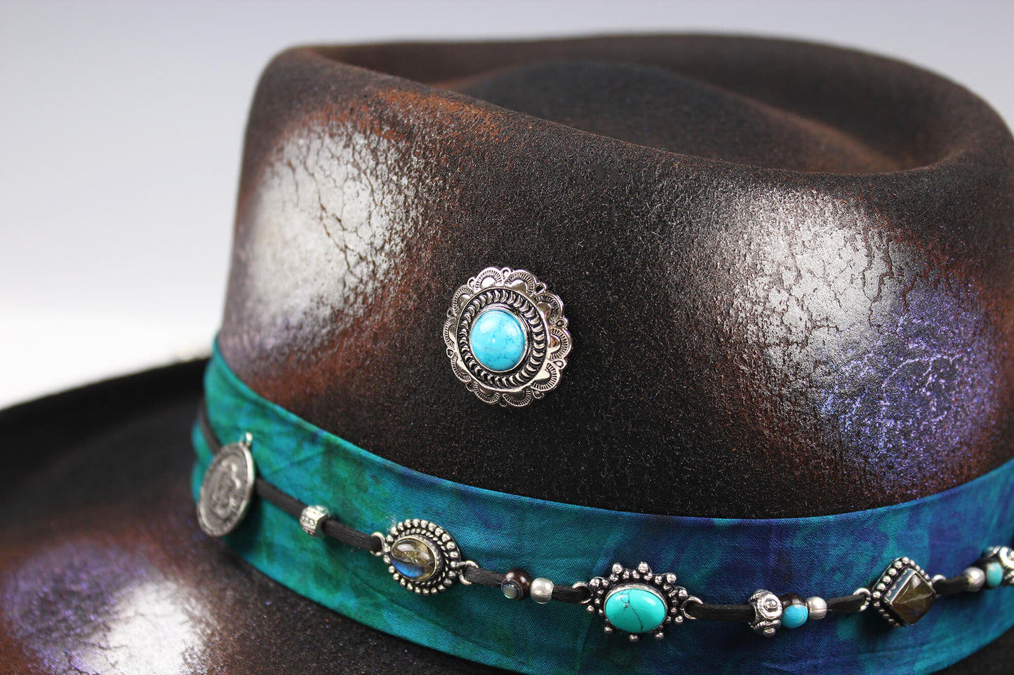 The Dreamweaver Gambler Hat - Western Style Hat Bohemian Country Turquoise Detailing Gemstones And Feathers Unisex For Men And Women