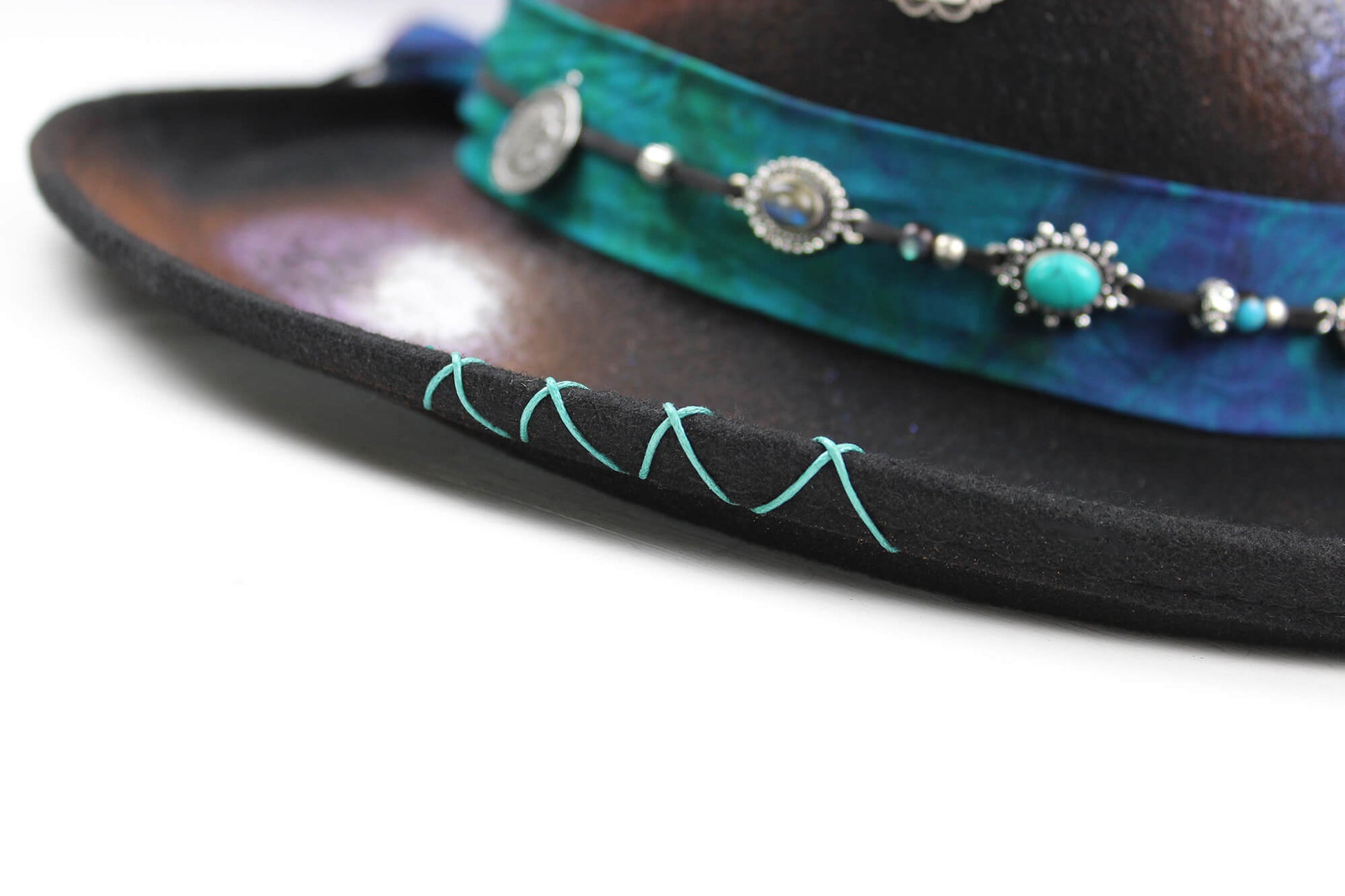 The Dreamweaver Gambler Hat - Western Style Hat Bohemian Country Turquoise Detailing Gemstones And Feathers Unisex For Men And Women