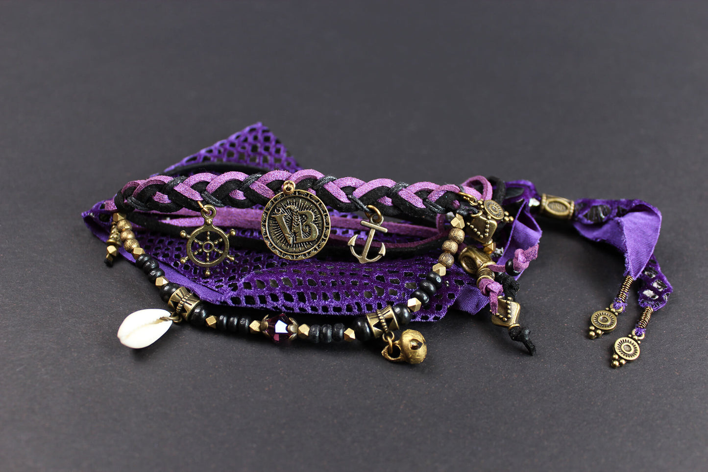 The Medusa Cuff Bracelet Set - Purple Pirate Layered Gypsy Fabric Wrist Wrap Unisex Bracelet Set For Men And Women Rock n Roll Style