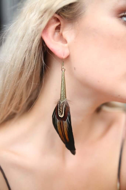 Natural Emerald Heart Bronze Feather Earrings