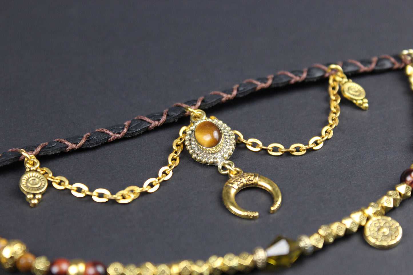 Bohemian Tiger's Eye with Gold Anklet, Armband Choker - 3 in 1